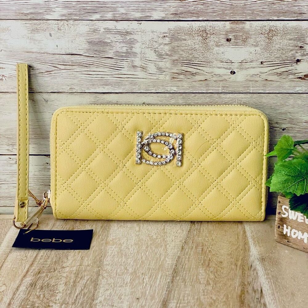 NWT bebe Gorgeous Yellow Gold Hardware Signature Logo Zip All Around Wallet